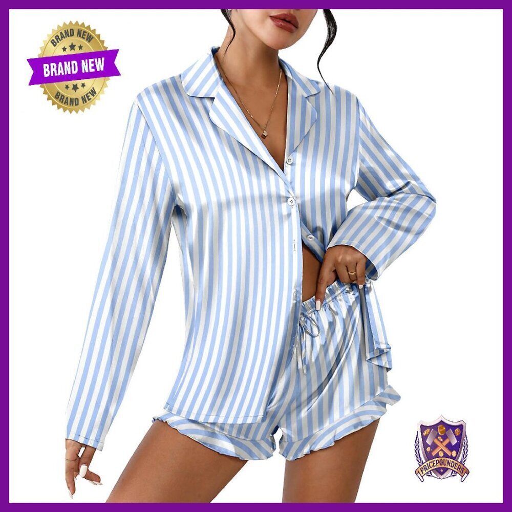 Satin Pajama Set Long Sleeve Top Shorts Lounge Sleepwear
